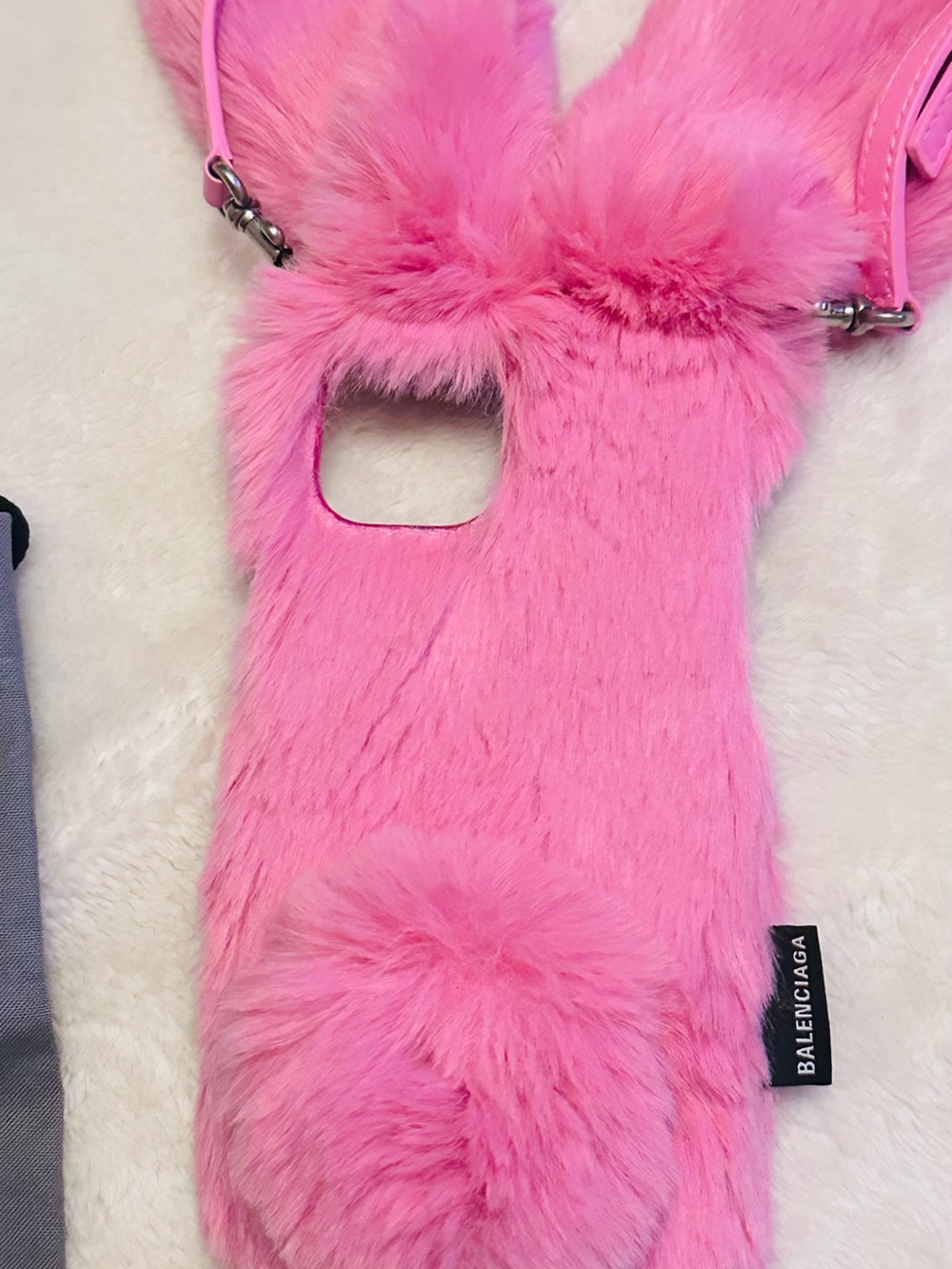 Balenciaga Pink Faux Fur Bunny Phone Pouch with Strap